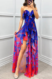 Loving Moment Gradient Unique Print Flowing Layered Ruffles Strapless Slit Maxi Dress