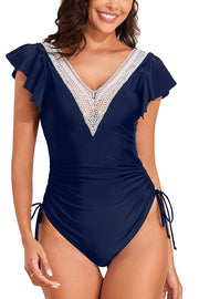 Fashionable V-neck Ruffled Flying Sleeves Stretch One-piece Swimsuit