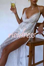 Flirty Moments Sequins Mesh Cowl Neck Open Back Strappy Maxi Dress