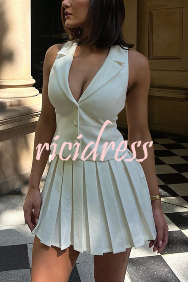 Sexy V-neck Sleeveless Vest and Pleated Mini Skirt Set