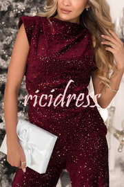 Stylish Sparkly Velvet Sequin Sleeveless Pleated Top and Casual Wide-leg Pants Set