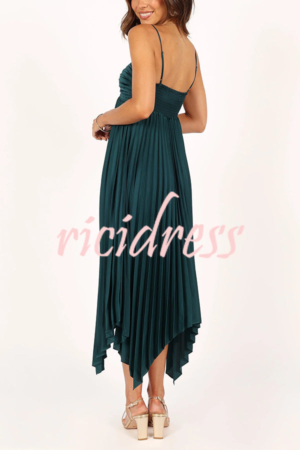 Solid Color Sexy Suspender Pleated Irregular Midi Dress