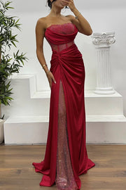 Essie Satin Rhinestone Patchwork Twist Waist Strapless Slit Maxi Dress