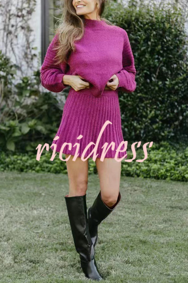 Solid Color Round Neck Puff Sleeve Loose Knit Sweater and Casual Striped Mini Skirt Set