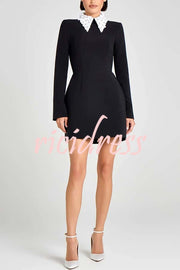 Alisha Contrast Floral Appliqué Pointed Collar Long Sleeve Pocketed Mini Dress