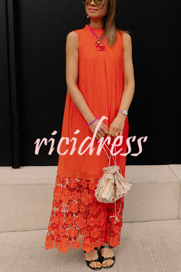 Breezy Comfort Tie-up Neck Sleeveless Floral Lace Hem Maxi Dress