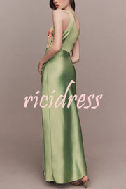 Wedding  Guest Satin Floral Print One Shoulder Side Slit Maxi Dress