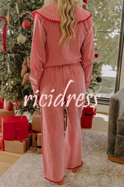 Nutcracker Charm Embroidered Gingham Loose Shirt and Elastic Waist Pajama Set