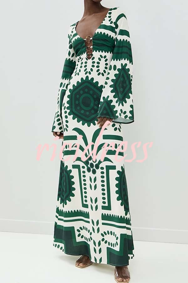 Holiday Fashion Unique Print Front Center Hollow Ring Long Sleeve Maxi Dress