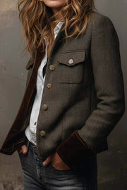 Vintage Herringbone Velvet Trim Casual Long-sleeved Blazer