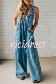 Fashionable and Casual Sleeveless V-neck Lace-up Loose Pocket Jumpsuit