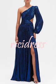 Dazzling Night Metallic Pleated One Shoulder Cutout Balloon Sleeve Gown Maxi Dress