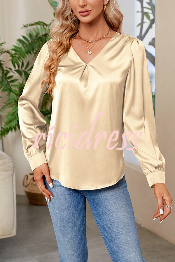 Satin Pleated V-neck Long-sleeved Loose Shirt