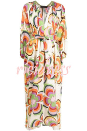 Boat Days Unique Print Balloon Sleeve Pocketed Loose Robe Maxi Dress