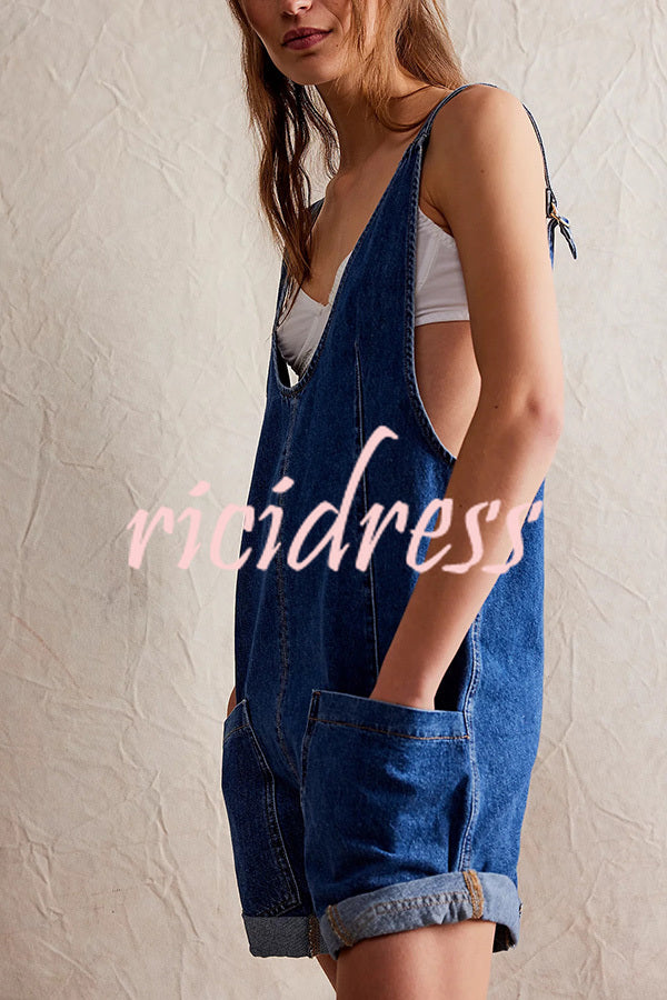 Stylish Loose Sleeveless Pocket Straps Adjustable Denim Rompers