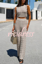 Solid Color Hollow Sleeveless Round Neck Knitted Vest and Stretch Casual Straight Pants Set