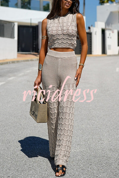 Solid Color Hollow Sleeveless Round Neck Knitted Vest and Stretch Casual Straight Pants Set