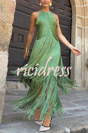 Fashion Sleeveless Halter Neck Elegant Tassel Slim Maxi Dress