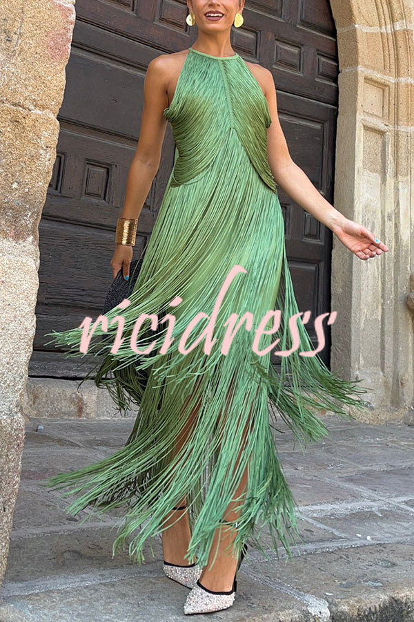 Fashion Sleeveless Halter Neck Elegant Tassel Slim Maxi Dress
