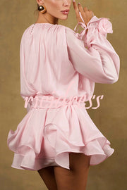 Solid Color Long Sleeve V-Neck Lace-Up Elegant Flower Decorated Mini Dress