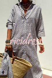 Summer Splendor Printed Button Half Sleeve Belt Loose Shirt Midi Dress