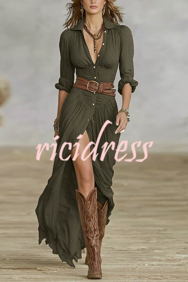Fashion Lapel Single-breasted Waist Shirt-style Maxi Dress