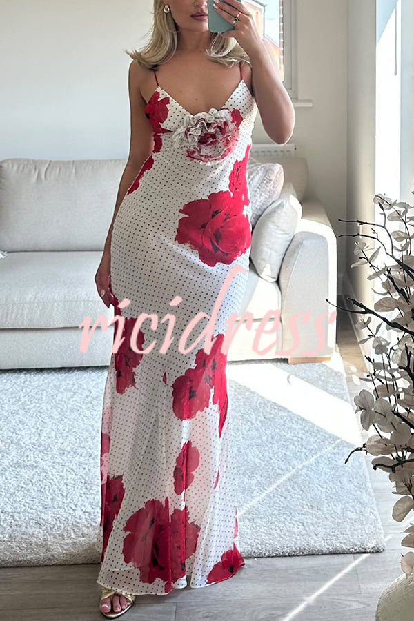 Vanna Poka Dot Floral Print 3D Flower Detail Slip Maxi Dress