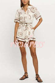 Resort Style Print Lapel Short Sleeves Casual Pocket Waist Tie Loose Rompers