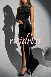 Solid Color Velvet Round Neck Sleeveless Slim Slit Maxi Dress