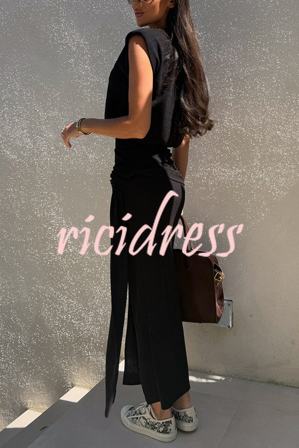 Comfortable Stylish Round Neck Sleeveless Casual Top and Elastic Waist Ruched Tie Slit Midi Skirt Set