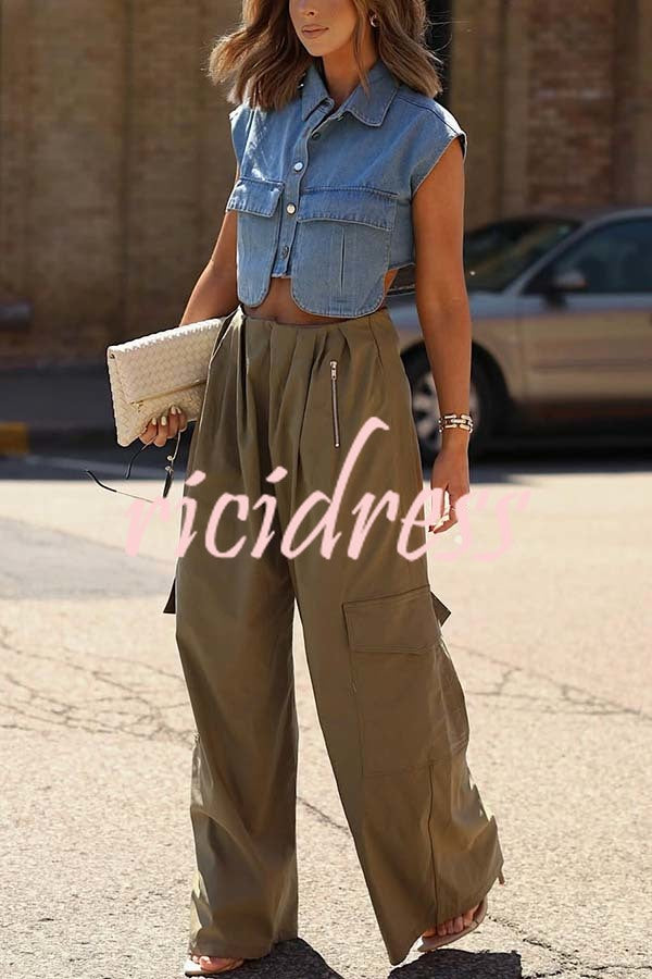 Great Week Pleated Elastic Waist Zipper Pocket Wide Leg Cargo Pants