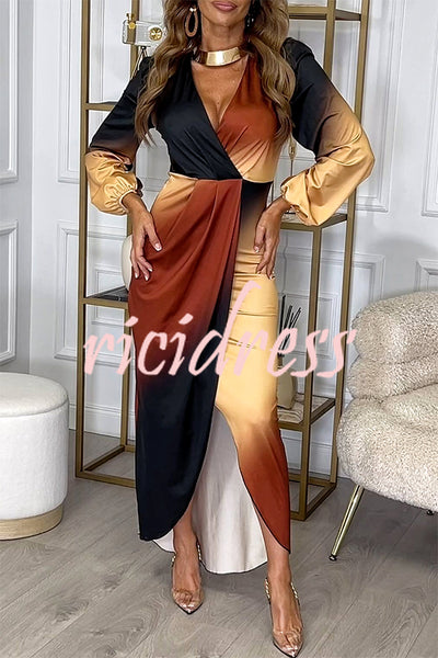 Romantic Sunset Gradient Print Ruched Balloon Sleeve Slit Maxi Dress