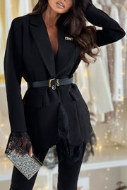 Spiced Muse Lace Trim Button Up Long Sleeve Lapel Blazer