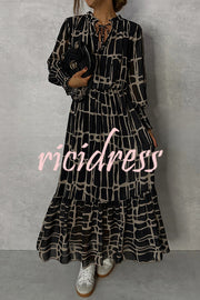 Unique Printed V-neck Tie-up Waist Long-sleeve Maxi Dress