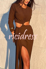 Solid Color Round Neck Long Sleeve Sexy Exposed Waist Slit Maxi Dress