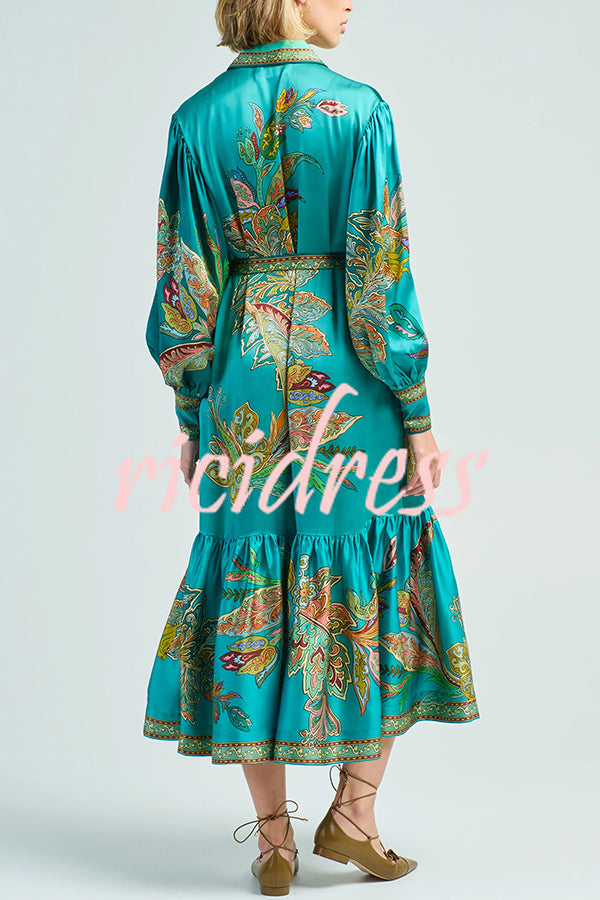 Resort Style satin Unique Printed Lapel Lantern Sleeve Lace-up Midi Dress