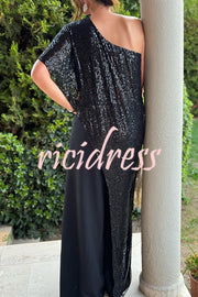 Party Favors Sequin One Shoulder Ruffle Detail Wide Leg Evening Jumpsuit