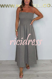 Solid Color Casual Short Jacket and Suspender Pleated Maxi Dress Set