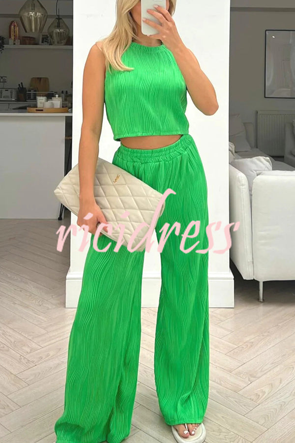 Solid Color Water Wave Crew Neck Tank Top and Elastic Waist Straight Pants Set