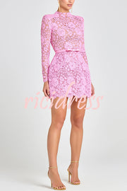 Champagne Toast Flower Lace Long Sleeve Bow Belted Mini Dress