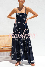 Elide Satin Unique Print Back Smocked Vacation Maxi Dress