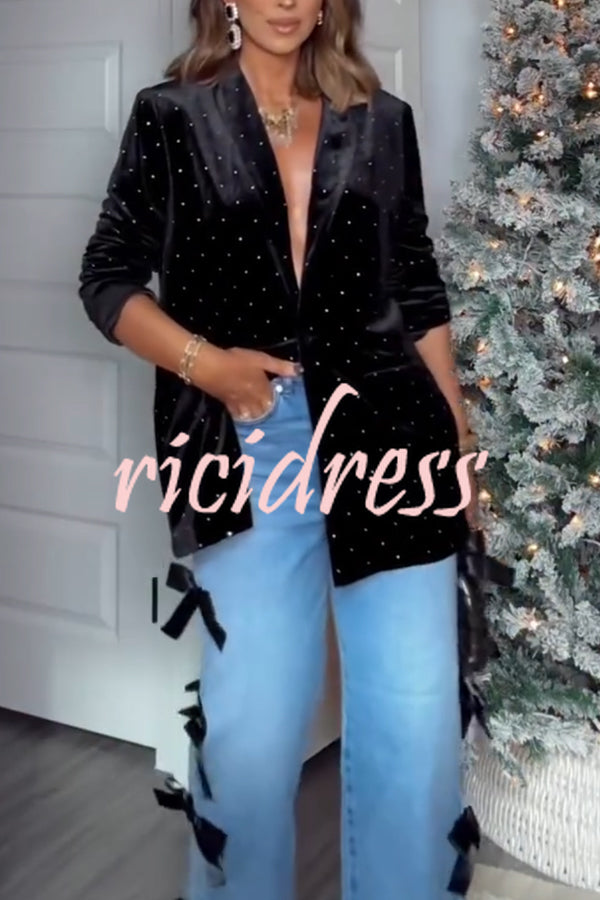 Runway Muse Embellished Velvet Long Sleeve Pocketed Lapel Blazer