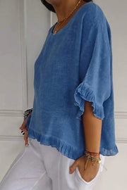 Solid Color Casual Round Neck Short Sleeve Ruffled Loose Top
