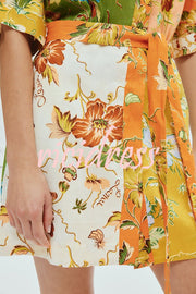 Kienna Linen Blend Unique Floral Print Tie-waist Mini Dress