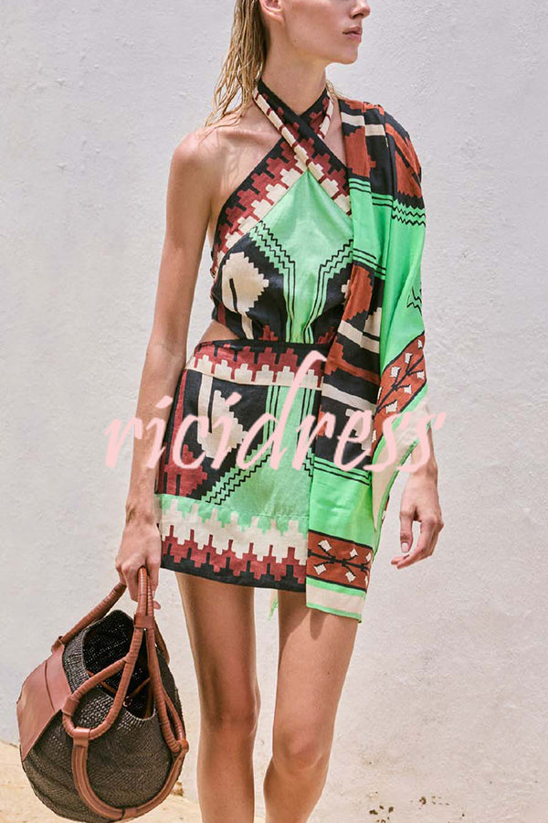 Unique Print Sexy Halter Backless Holiday Mini Dress