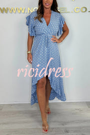 Resort Style V-neck Ruffle Sleeves Waist Tie Irregular Midi Dress