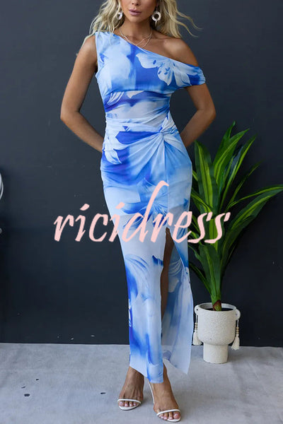 Escala Mesh Overlay Floral Print One Shoulder Cross Detail Slit Stretch Maxi Dress