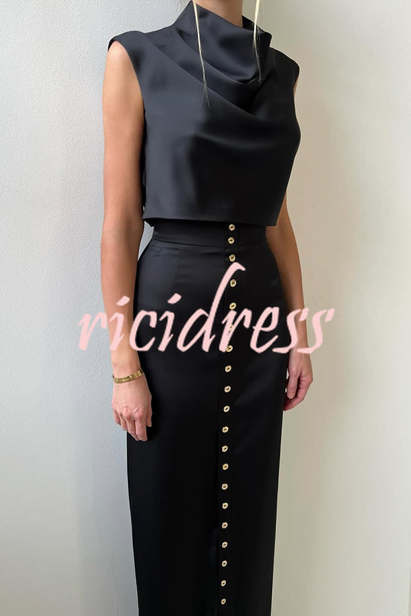 Solid Color Casual Sleeveless Crop Top and Elegant Button-down Maxi Skirt Set