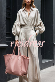 Solid Color Lapel Long-sleeved Loose Shirt and Casual Wide-leg Pants Set