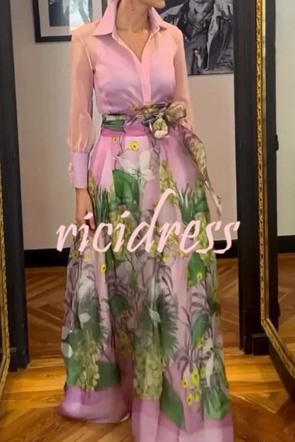 Seeds of Happiness Tulle Floral Print Elastic Waist Belt Pocketed Maxi Skirt